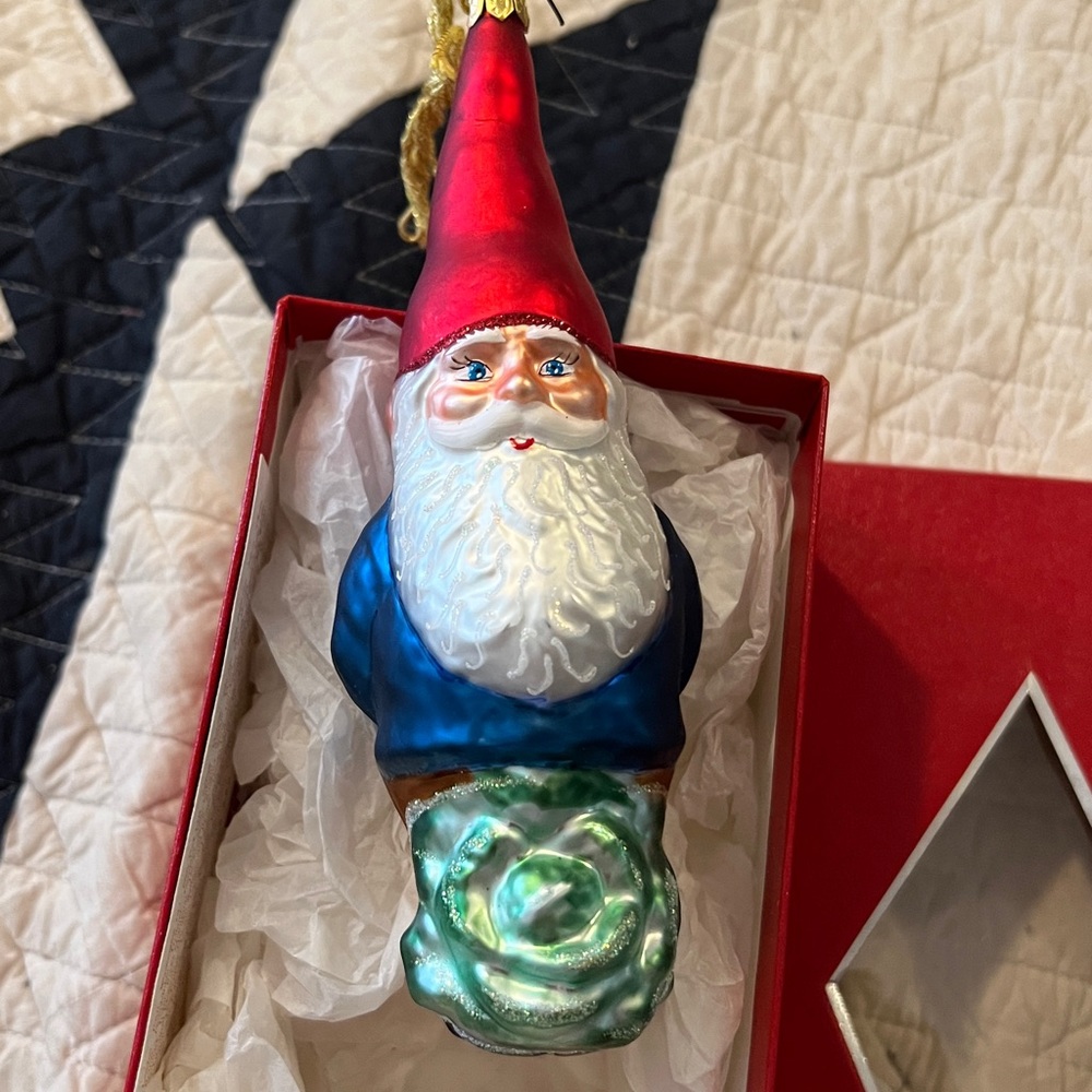 Gnome elf Santa glass blown ornament 7”